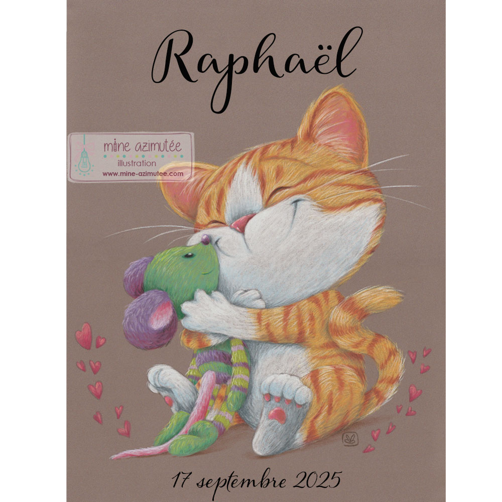 Affiche enfant personnalisée, dessin au pastel sec - "Chat et son doudou"