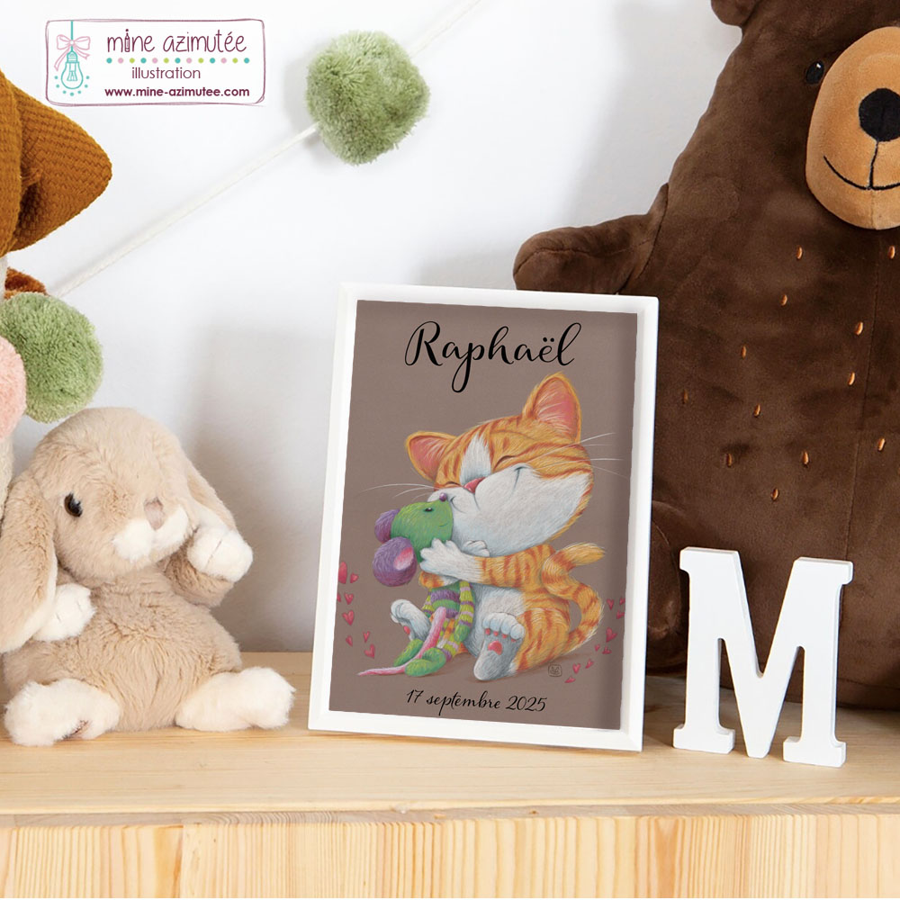 Affiche enfant personnalisée, dessin au pastel sec - "Chat et son doudou" – Image 2