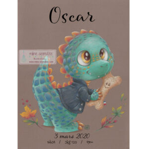 Affiche enfant personnalisée, dessin au pastel sec - "Dinosaure et son doudou"