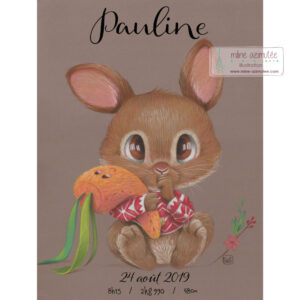 Affiche enfant personnalisée, dessin au pastel sec - "Lapin et son doudou"