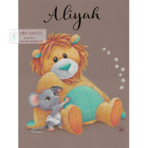 Affiche enfant personnalisée, dessin au pastel sec - "Souris et son doudou"