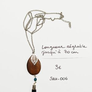 SAU-005- Sautoir Acier Inoxydable et perle en bois