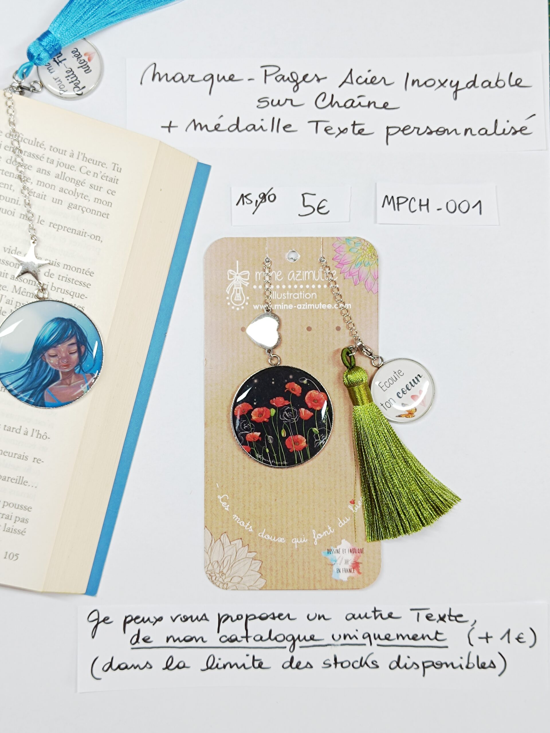 MPCH-001- Marque-pages Chaine Acier Inoxydable + médaille personnalisée