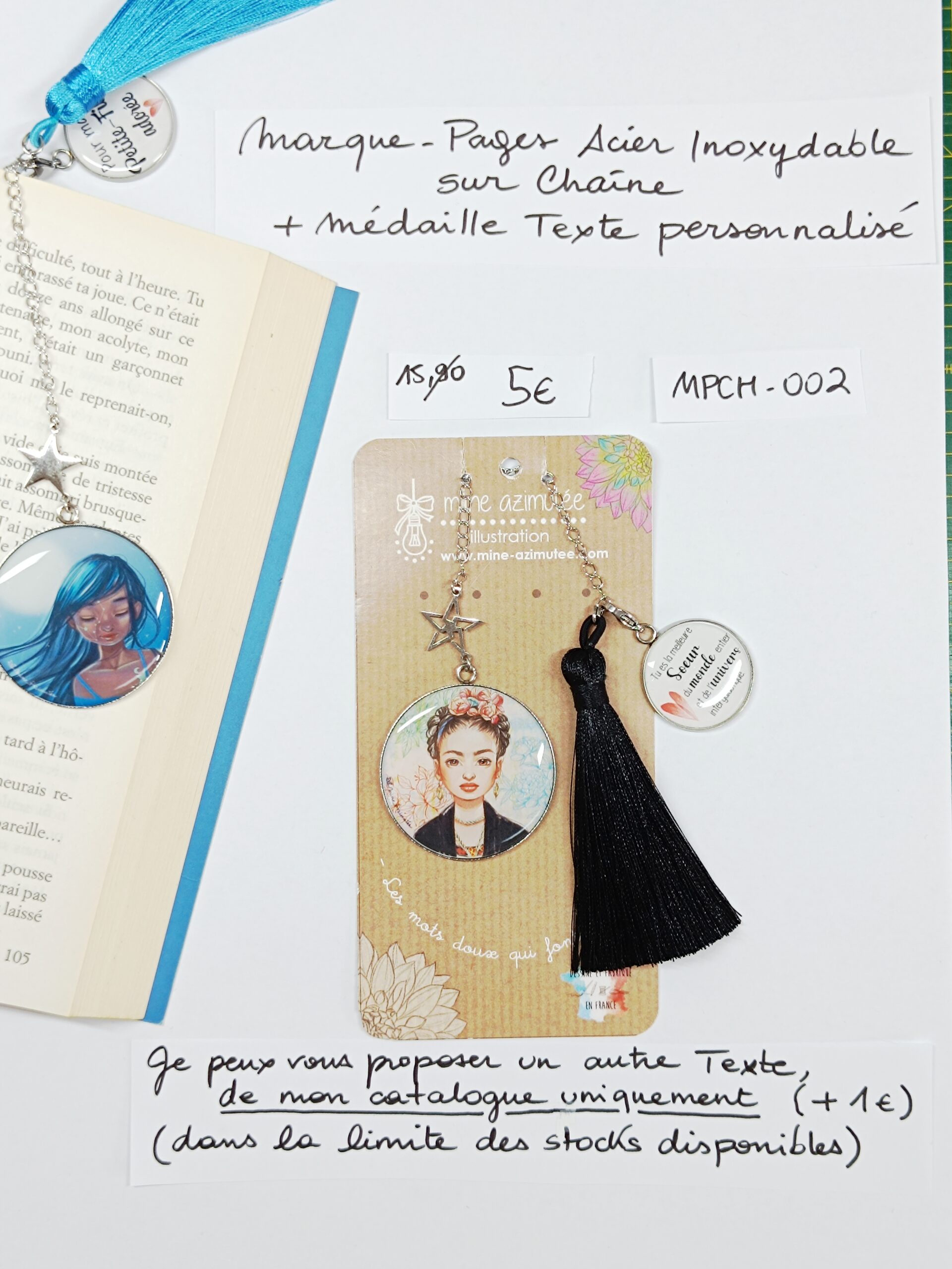 MPCH-002- Marque-pages Chaine Acier Inoxydable + médaille personnalisée