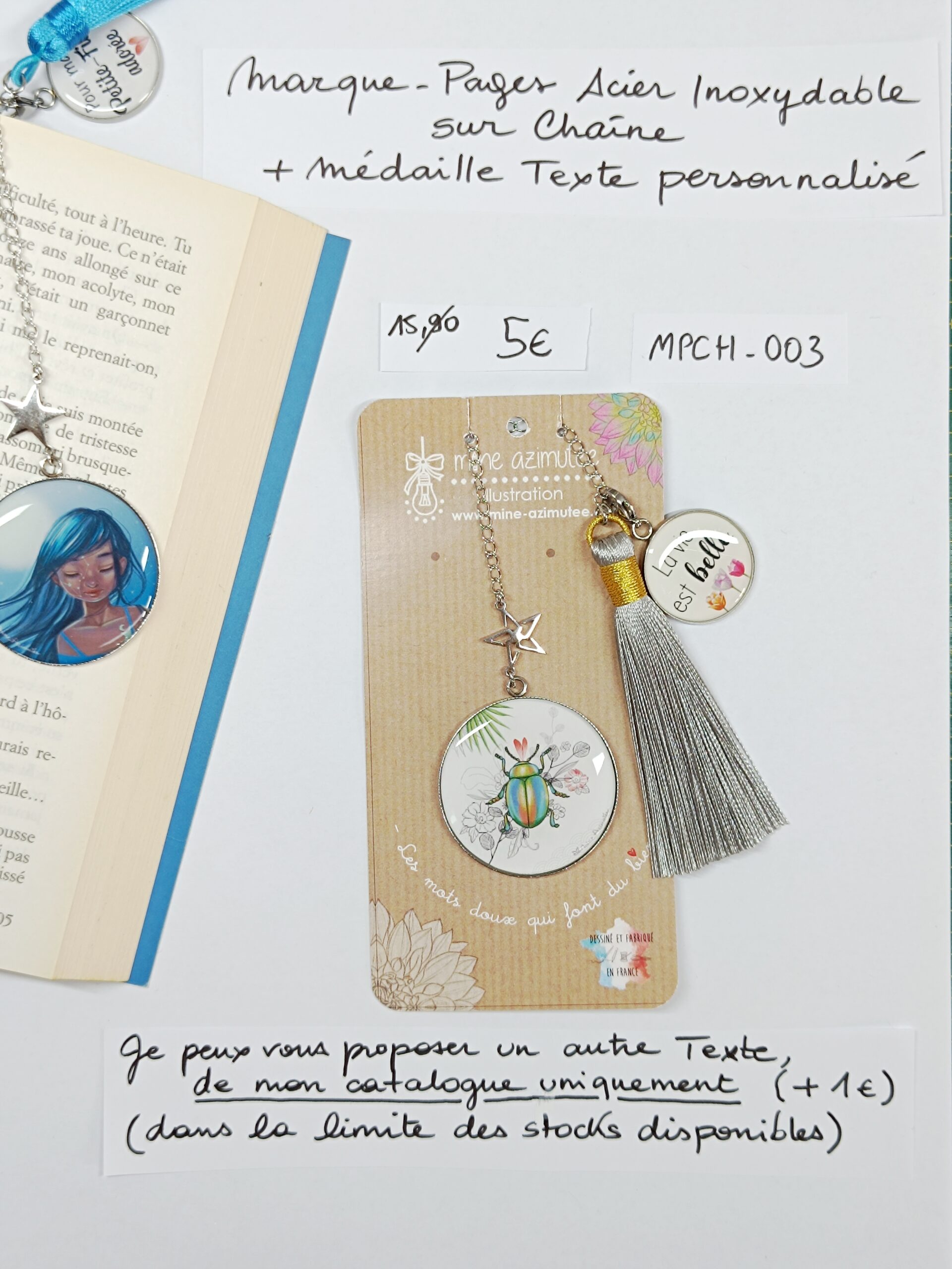 MPCH-003- Marque-pages Chaine Acier Inoxydable + médaille personnalisée