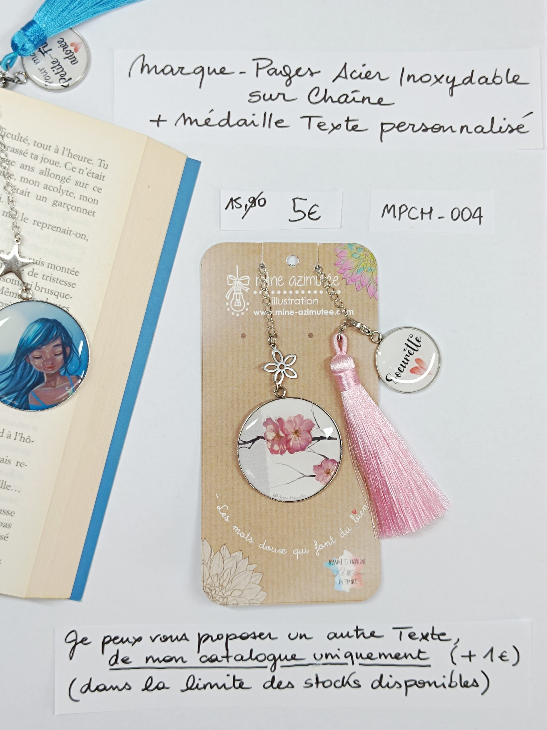 MPCH-004- Marque-pages Chaine Acier Inoxydable + médaille personnalisée
