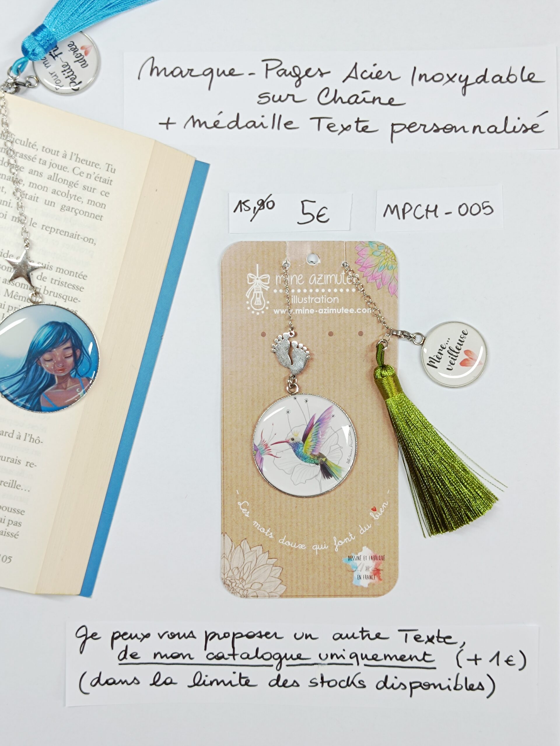 MPCH-005- Marque-pages Chaine Acier Inoxydable + médaille personnalisée