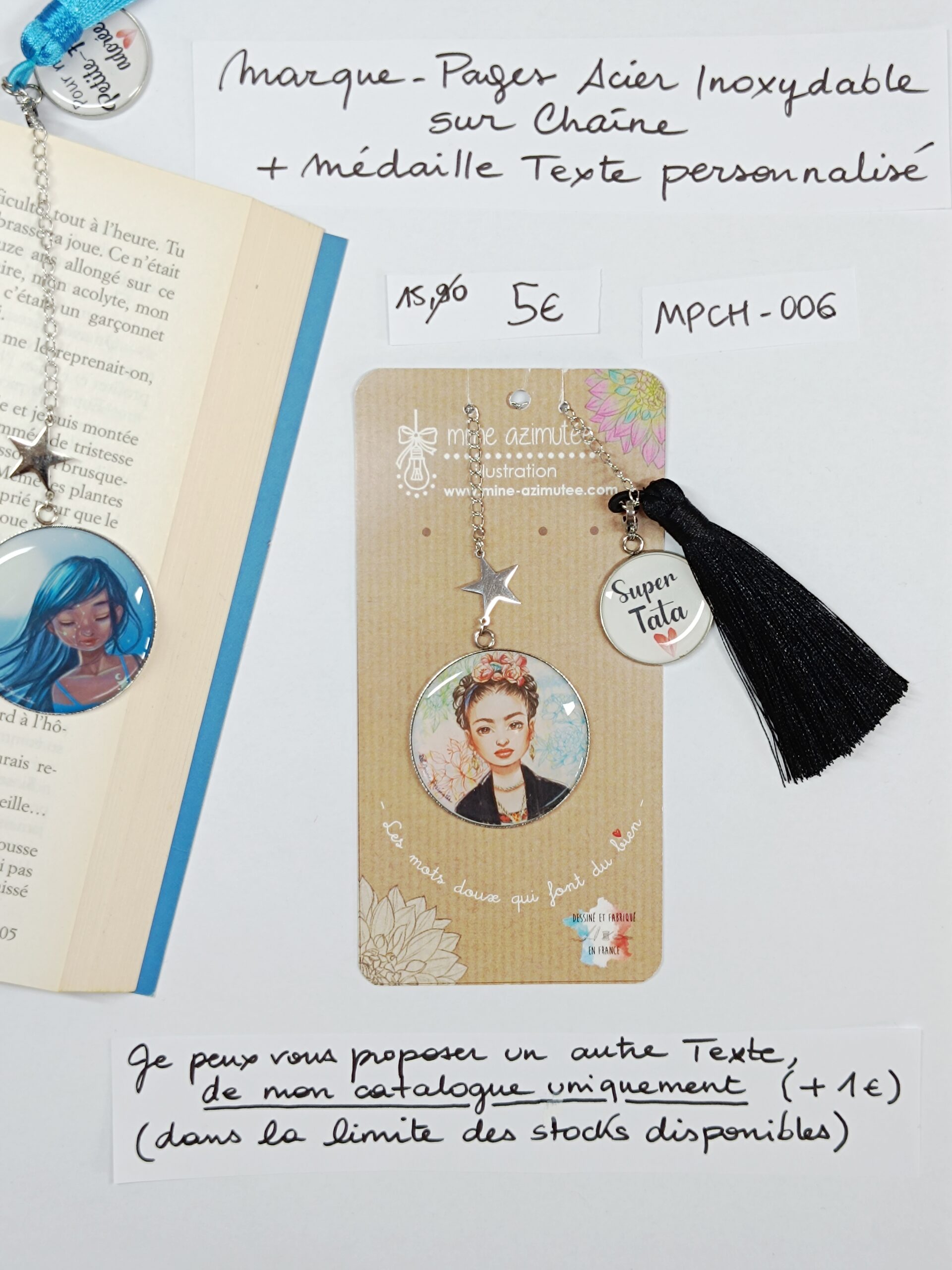 MPCH-006- Marque-pages Chaine Acier Inoxydable + médaille personnalisée