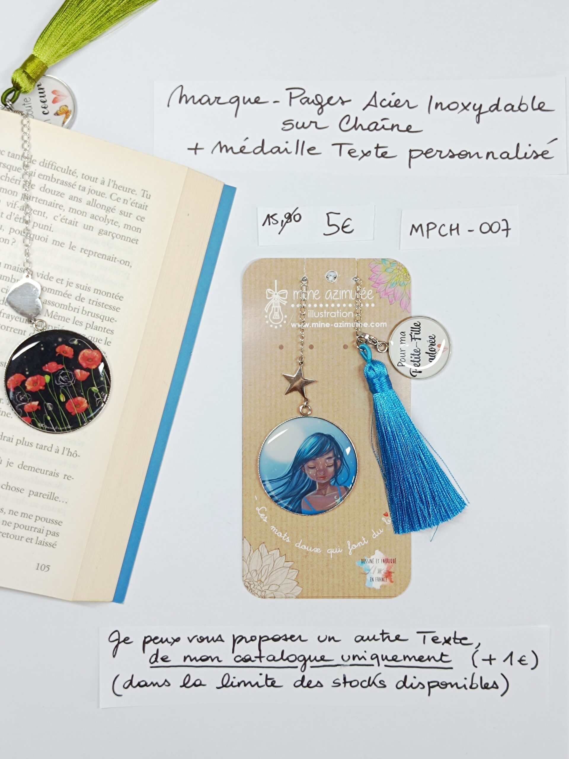 MPCH-007- Marque-pages Chaine Acier Inoxydable + médaille personnalisée